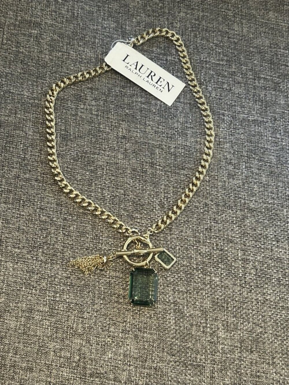 Lauren Ralph Lauren Rectangle Large Stone Charm Tassel Toggle Necklace Green New